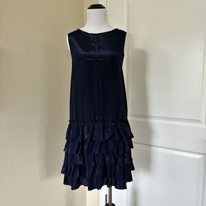Cocktail Vintage Flapper Tiered Ruffle Navy Shift Dress Satin Finish Sz S/ US 4